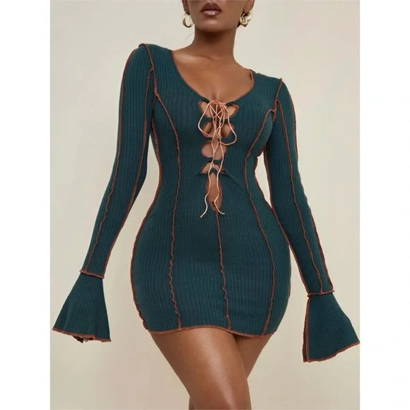 Green And Orange Long Sleeve Lace Up Knit Dress | Color: Green/Orange | Size: 2 | Lostwithoutray's Closet